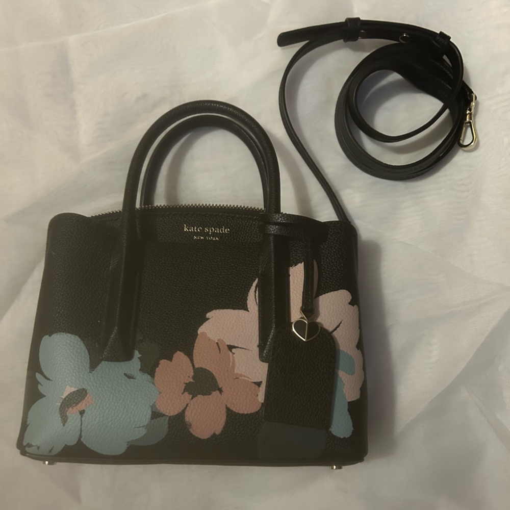 kate spade Black Floral Leather Satchel with Pink & Blue Blooms